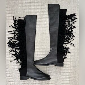 Stuart Weitzman Mane 5050 OTK Black Leather Boots NWOT Western Inspired Fringe 7
